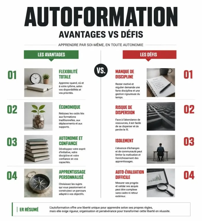 Infographie comparative des avantages et des défis de l'autoformation pour réussir son apprentissage autonome