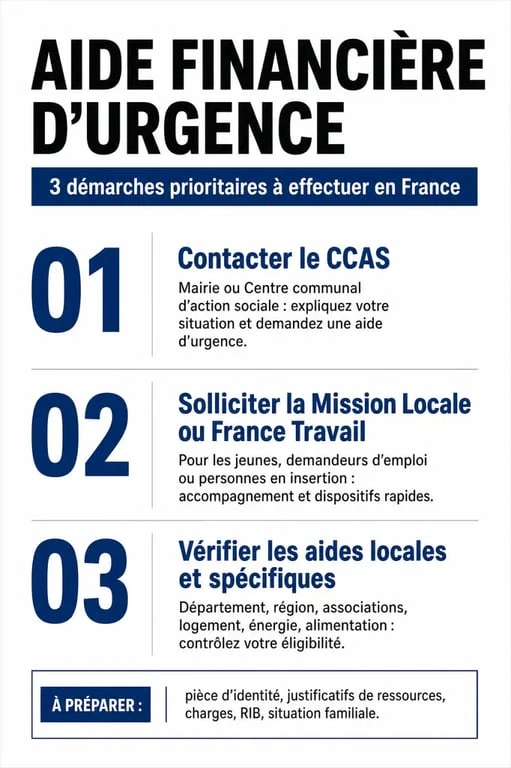 Infographie des étapes d'urgence pour obtenir une aide financière quand on n'a pas de chômage ni de RSA