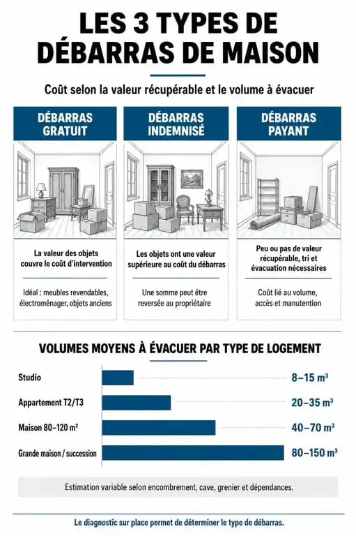 Infographie des services d'une entreprise qui vide les maisons : tarifs et volumes