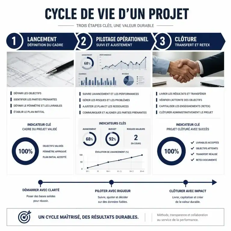Infographie du cycle de vie d'un projet pour le rôle de pilote projet