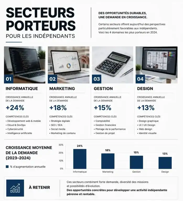 Secteurs porteurs pour l'emploi pour indépendant : Tech, Marketing, Gestion et Design