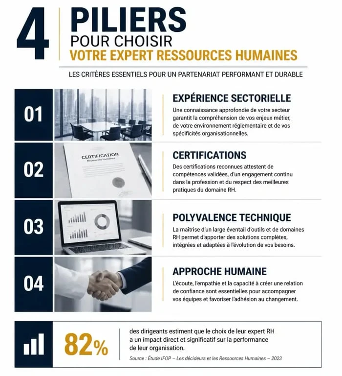 Infographie des 4 critères de sélection pour choisir un expert ressources humaines compétent