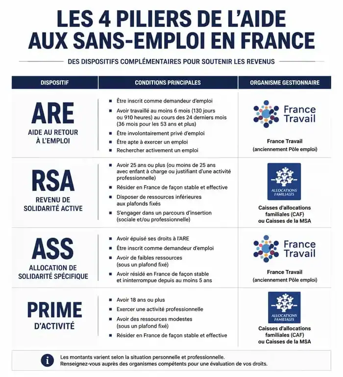 Infographie comparative des aides pour les sans emploi en France : ARE, RSA, ASS et Prime d'activité.