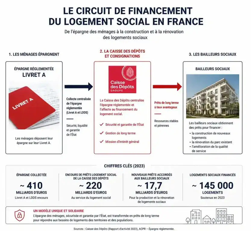 Schéma explicatif du financement des logements sociaux en France et du rôle de la Caisse des Dépôts.