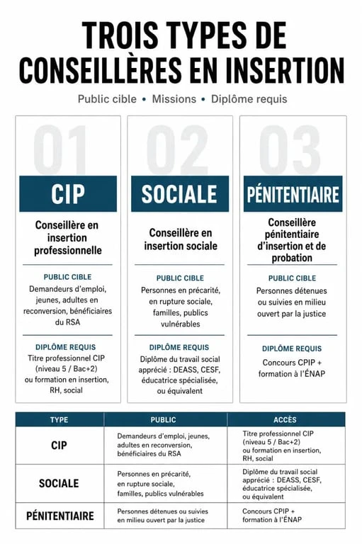 Infographie comparative des métiers de conseillère en insertion professionnelle, sociale et pénitentiaire
