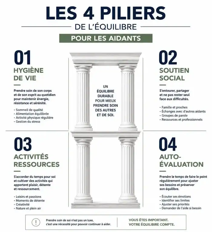 Infographie sur les piliers de l'équilibre pour prendre soin des autres sans s'épuiser