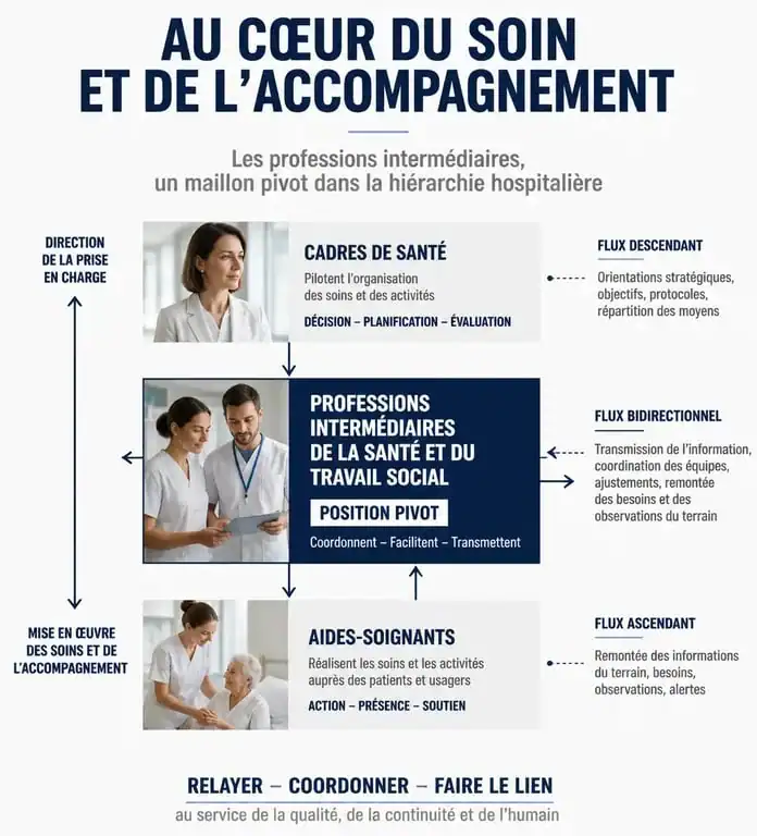 Schéma de la position hiérarchique des professions intermédiaires de la santé et du travail social dans le système de soins