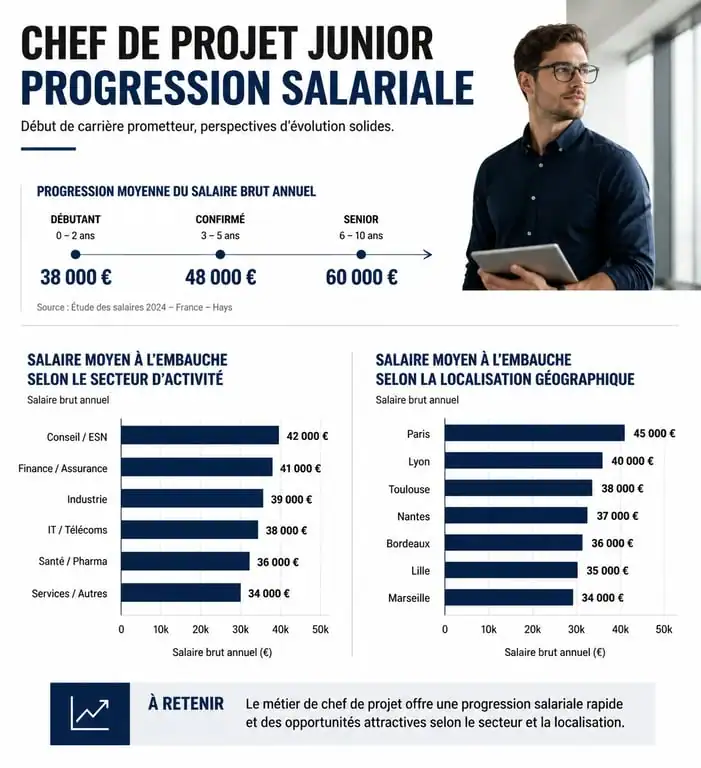 Infographie sur le salaire d'un chef de projet junior en France selon le secteur et la région