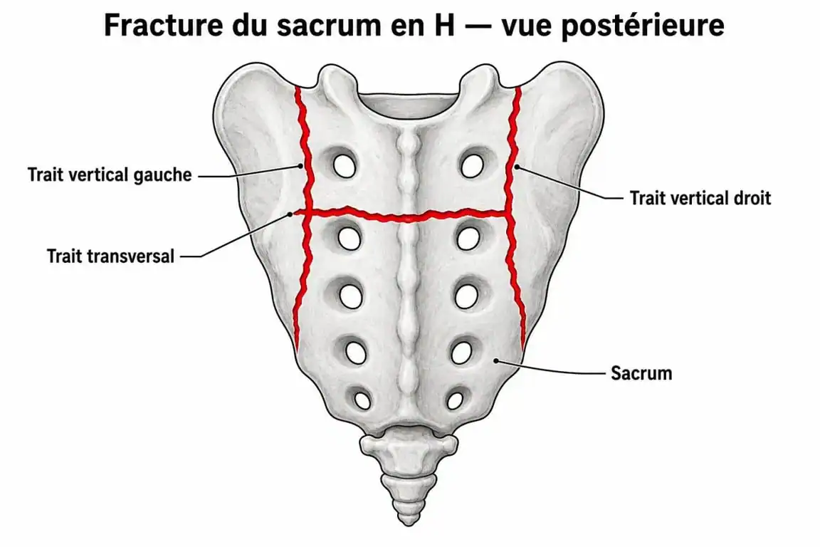 Schéma anatomique illustrant une fracture en H du sacrum