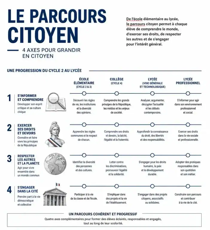 Infographie récapitulative des axes et de la progression du parcours citoyen à l'école