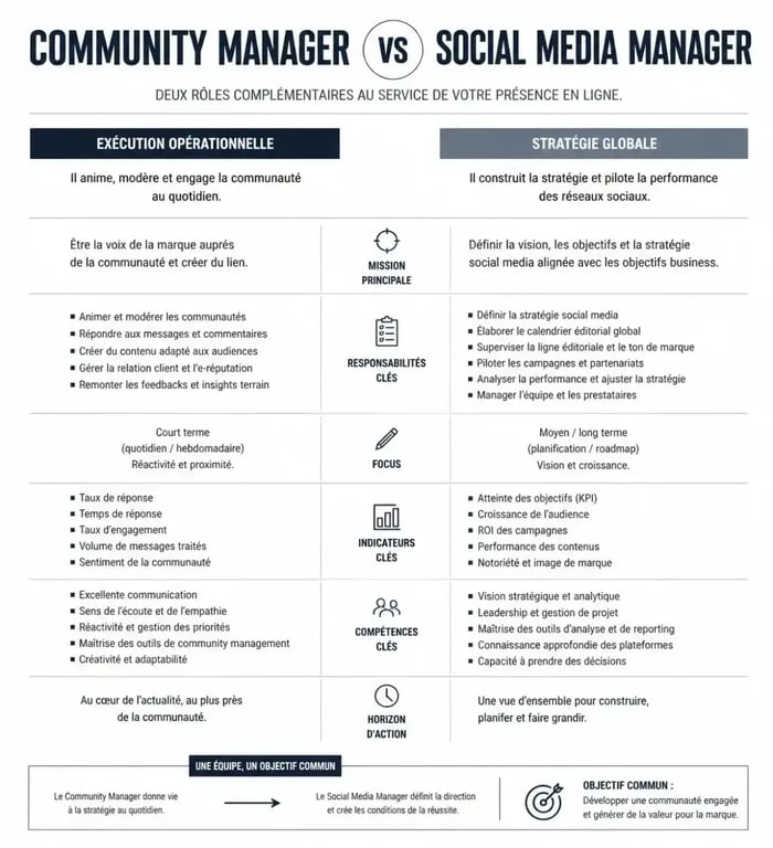Infographie comparative : Community Manager vs Social Media Manager pour comprendre les différences de missions