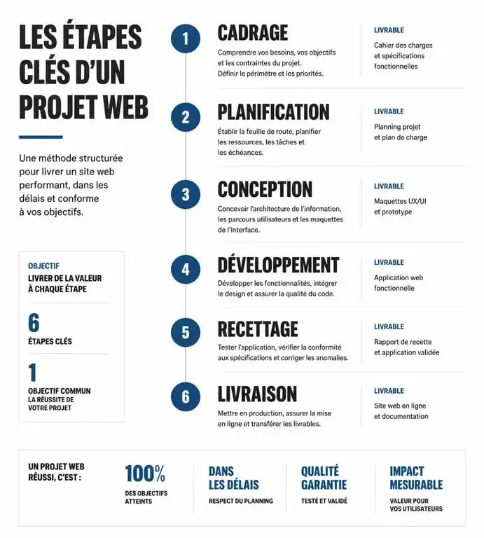 Schéma des étapes de gestion de projet web : du cadrage à la mise en ligne