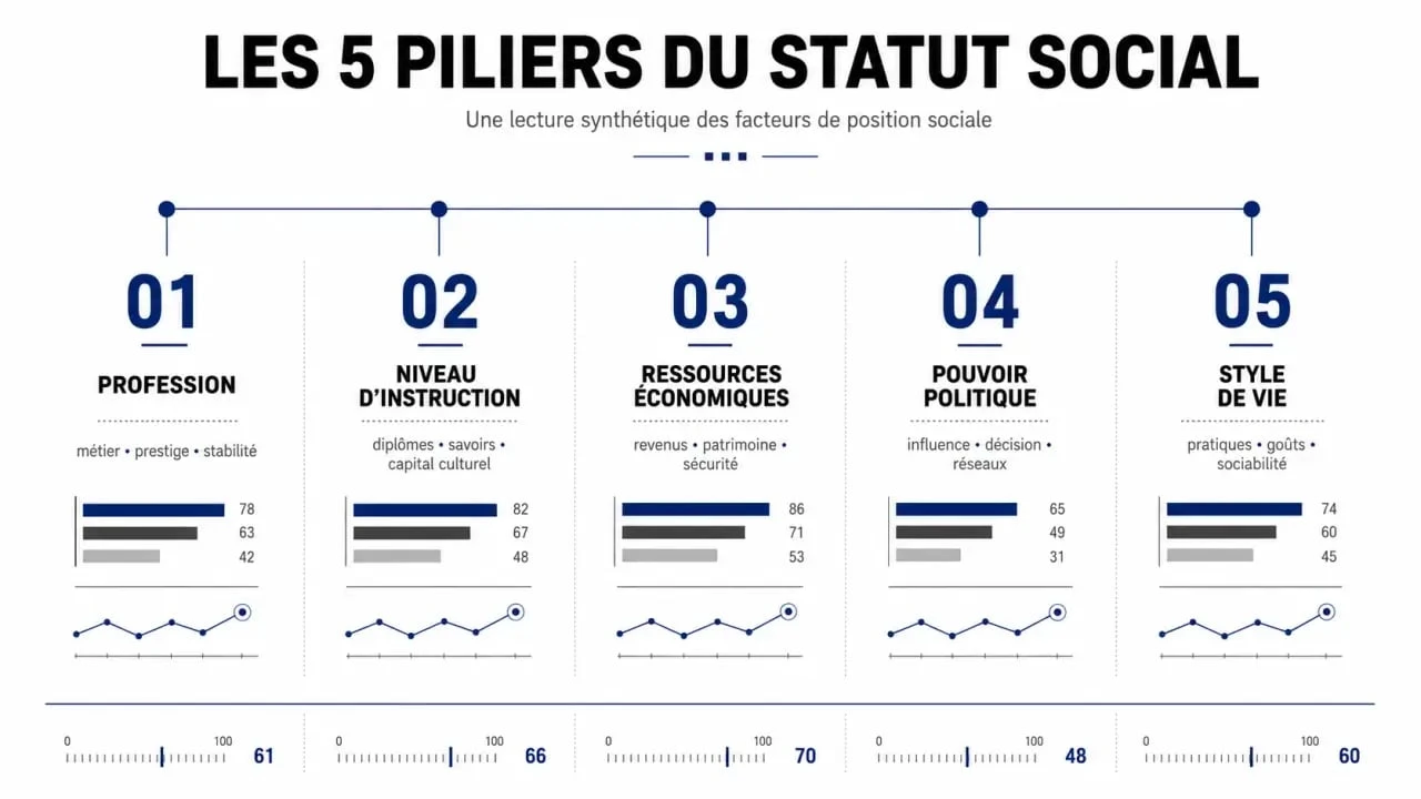 Infographie des facteurs déterminant le statut social : profession, éducation, revenus, pouvoir et style de vie.