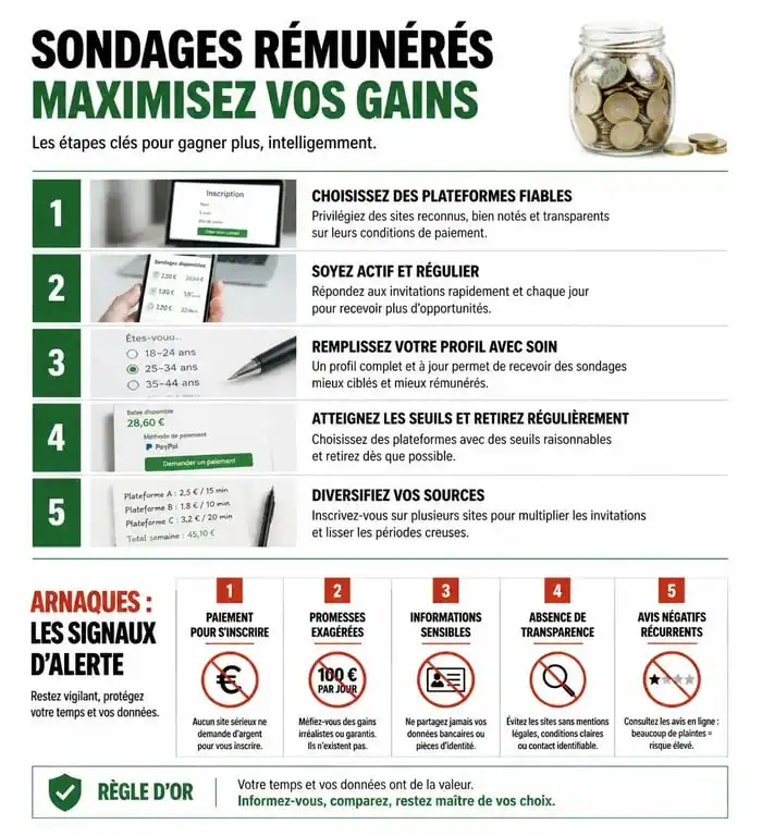 Infographie sur les conseils pour réussir ses sondages rémunérés et éviter les arnaques en ligne
