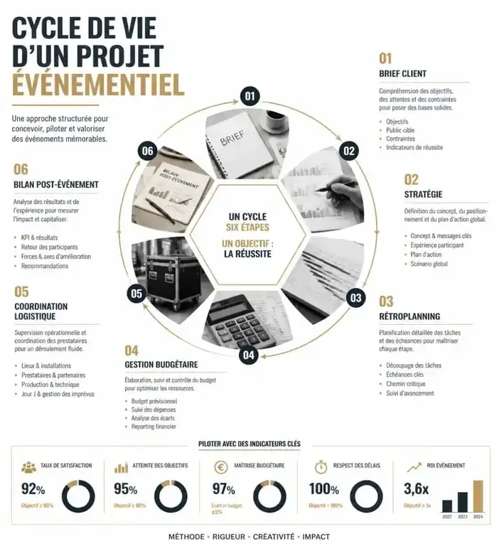 Infographie du cycle de vie d'un chef de projet événementiel : du brief au bilan.