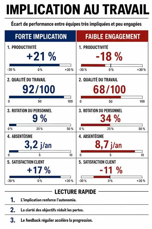 Infographie comparant les indicateurs de performance liés à l'implication au travail et au désengagement des salariés