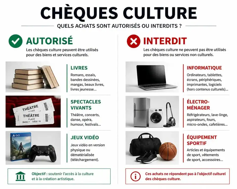 Infographie récapitulative des produits autorisés et interdits avec le chèque culture