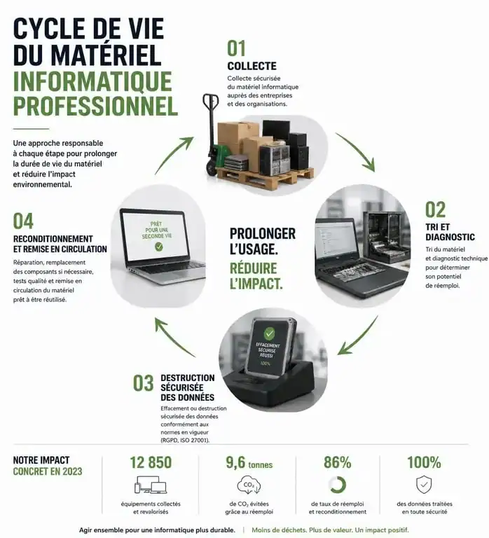Schéma du cycle de vie et recyclage matériel informatique professionnel