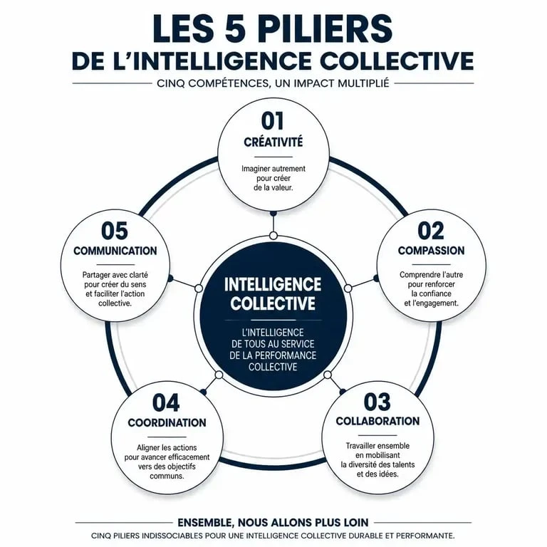 Infographie des 5 piliers de l'intelligence collective pour comprendre la définition et le fonctionnement du travail collaboratif.