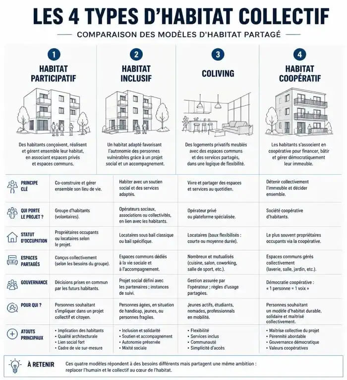 Infographie comparative des différents types d'habitat partagé et collectif