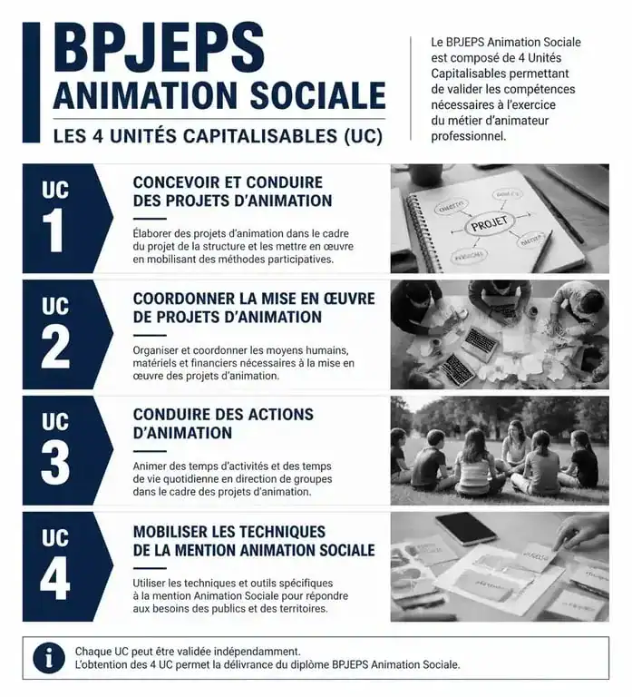 Infographie des 4 unités capitalisables du diplôme BPJEPS animation social