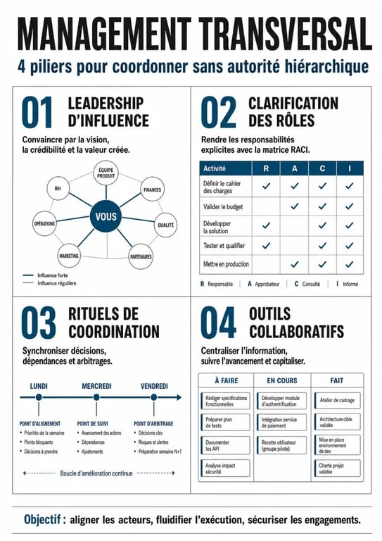 Schéma des piliers du travail en transversalité : leadership, matrice RACI, rituels et outils collaboratifs pour une meilleure performance collective.