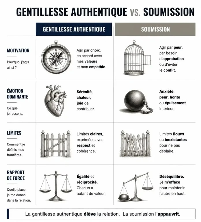 Infographie comparative : différence entre gentillesse authentique et soumission pour apprendre à être gentille sans se faire marcher dessus.
