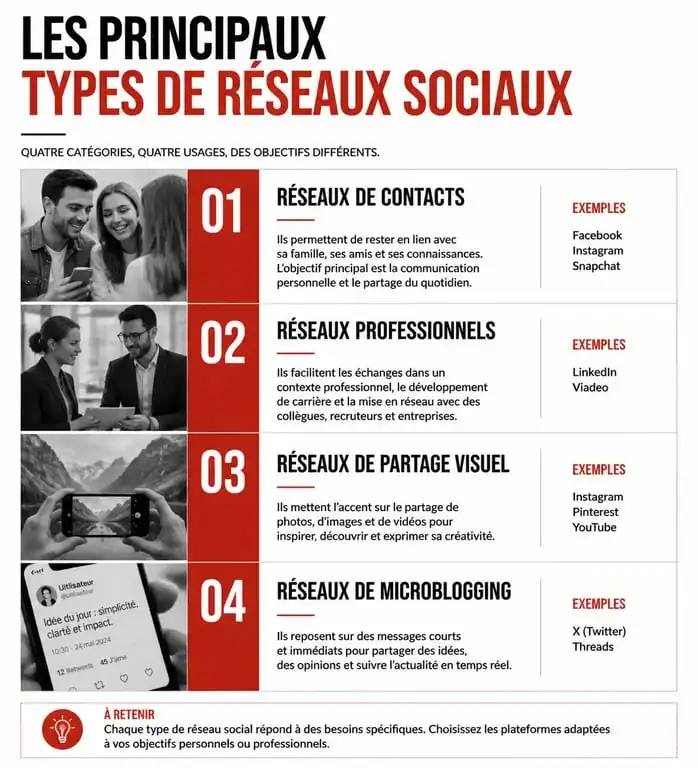 Infographie récapitulative des différents types de réseaux sociaux et leur définition