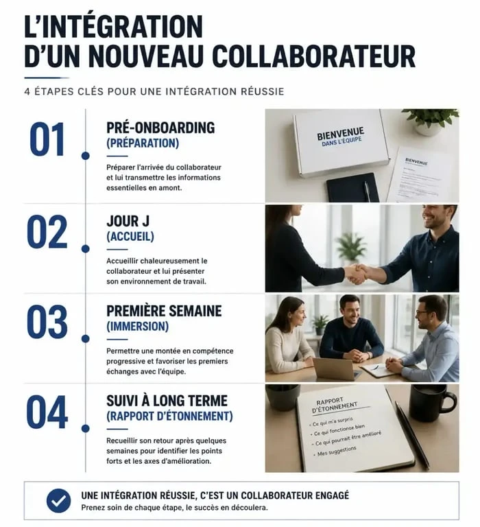 Infographie des étapes clés de l'intégration en entreprise pour réussir l'onboarding d'un nouveau collaborateur