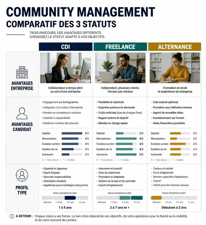 Infographie comparative des statuts pour une offre de community management : CDI, freelance ou alternance