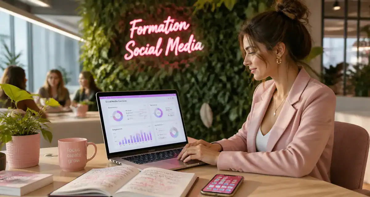 Formation social media, femme analysant un tableau de bord
