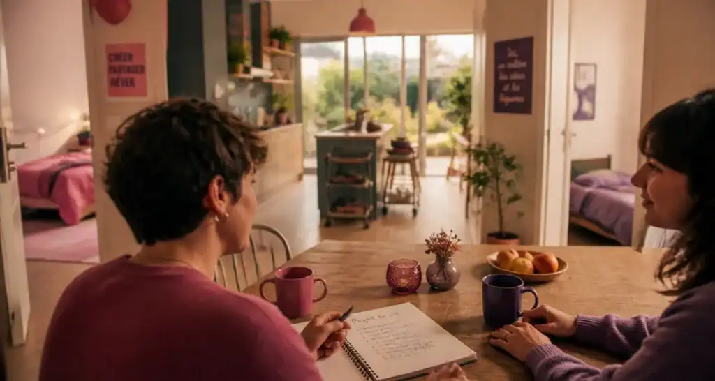Habitat partagé : résidents échangent dans une maison, cuisine commune et vie privée