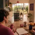 Habitat partagé : résidents échangent dans une maison, cuisine commune et vie privée