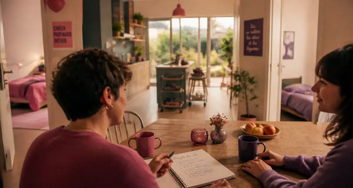 Habitat partagé : résidents échangent dans une maison, cuisine commune et vie privée