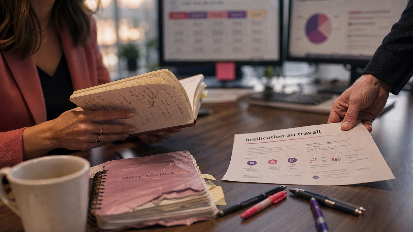 Implication au travail : collaboratrice avec carnet sur un bureau, feuille “Implication au travail”