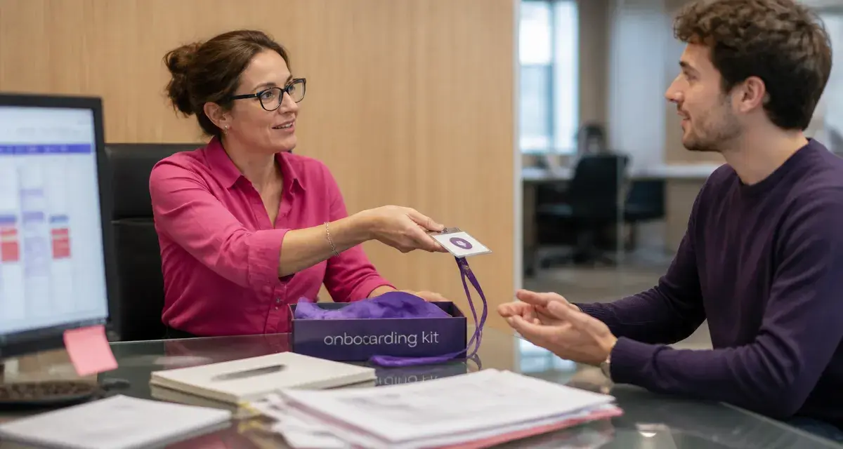Intégration entreprise : onboarding RH avec badge et kit sur table