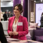 Participation salon professionnel femme tailleur rose stand design