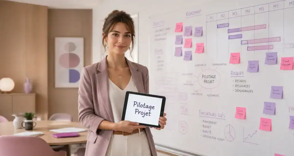 Pilote projet femme devant tableau Gantt