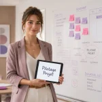 Pilote projet femme devant tableau Gantt