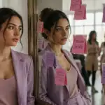 Femme tailleur pastel miroir post-it pression sociale