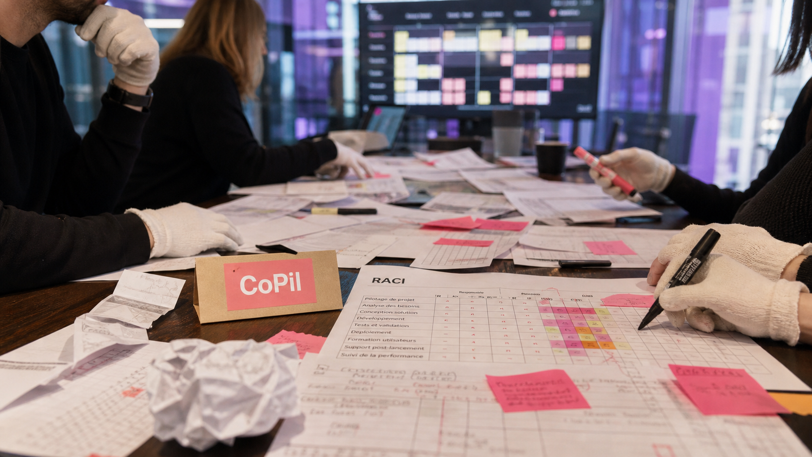 Travail en transversalité en réunion CoPil : matrice RACI et kanban