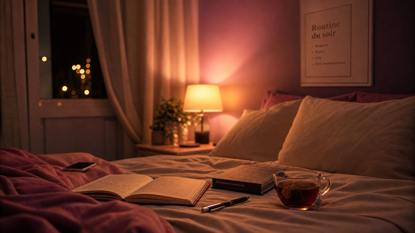 Une routine du soir pour bien dormir : tisane, carnet, lampe douce, zéro écran.