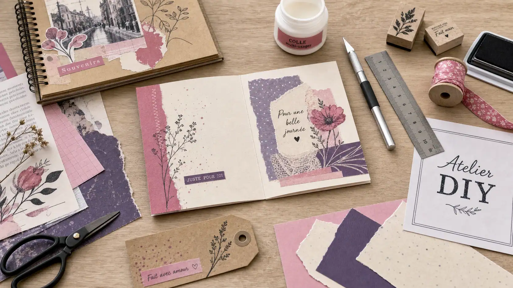 Activité manuelle adulte DIY : kit et niveau, scrapbooking sur table