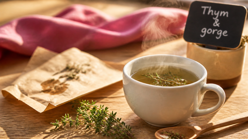 Bienfait du thym en tisane : tasse fumante de tisane au thym, respirer et digérer léger