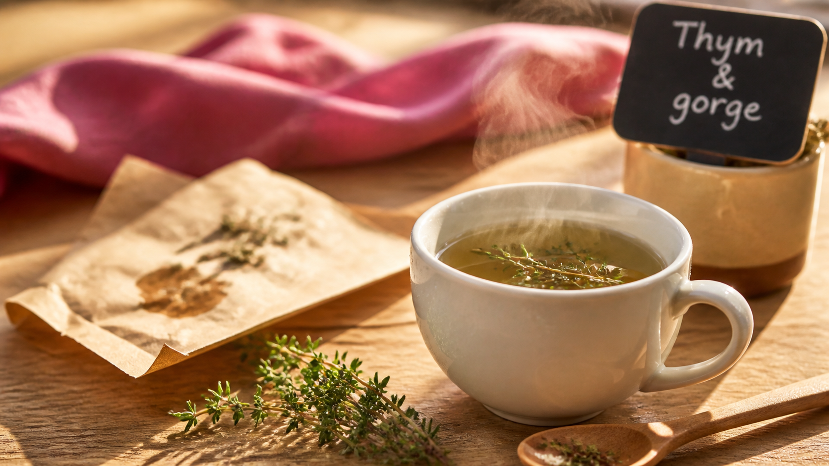 Bienfait du thym en tisane : tasse fumante de tisane au thym, respirer et digérer léger