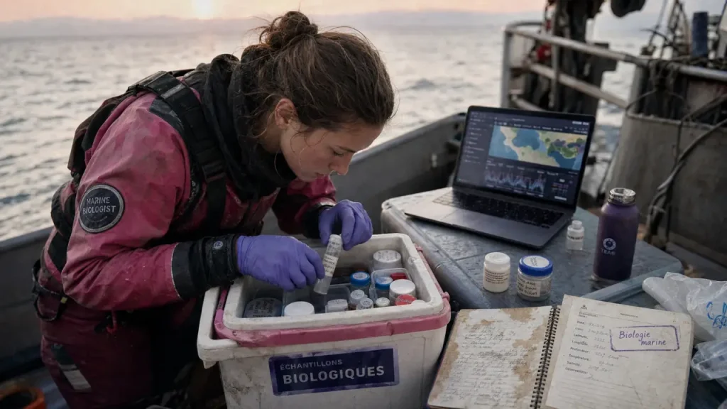 Biologie marine métier : biologiste prépare des prélèvements sur le terrain