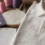 Broderie pour vetement : logo net sur polo blanc en cours de couture