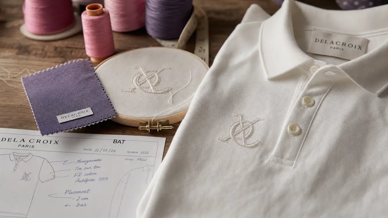 Broderie pour vetement : logo net sur polo blanc en cours de couture