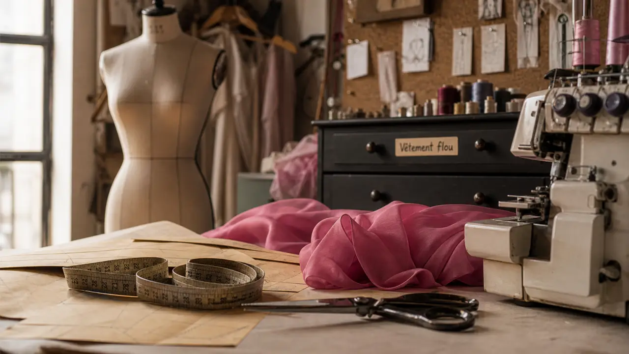 Cap metier de la mode vêtement flou, atelier couture, mousseline rose, patron et surjeteuse