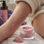 Creme pour peau seche : peau sèche et application d’une crème rosée en salle de bain